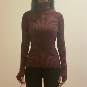 Maroon Dark Red Ribbed Turtleneck Sweater Top Thumb Holes Dark Academia Burgundy